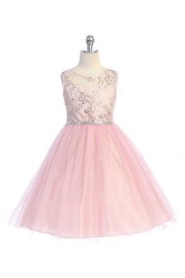 Blush Sleeveless Dress with Sequin Bodice and Illusion Neckline